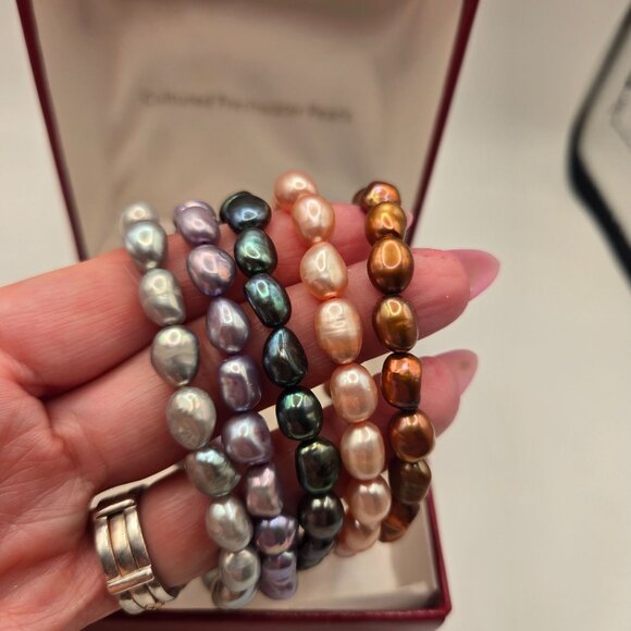 5 Strand Multi Color Freshwater Cultured Pearl Stretch Bracelets - Picture 3 of 3
